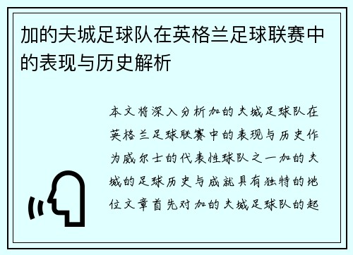 加的夫城足球队在英格兰足球联赛中的表现与历史解析