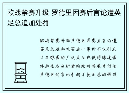 欧战禁赛升级 罗德里因赛后言论遭英足总追加处罚 欧战禁赛升级 罗德里因赛后言论遭英足总追加处罚